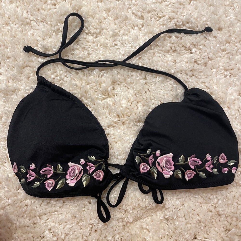 Black Bikini Top with Pink Floral Embroidery